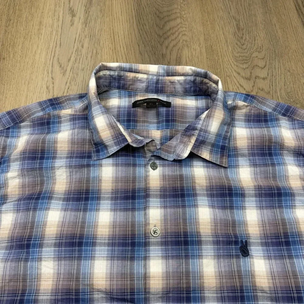John Varvatos USA Shirt Mens XL Blue Plaid Long Sleeve Button Up Lightweight